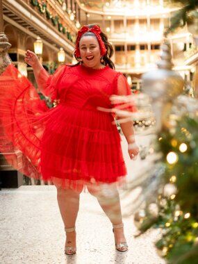 Red Dobby Mesh Dress with Pleating Details